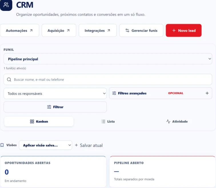 Captura real do CRM com seleção de funil, filtros, visões e nenhuma oportunidade cadastrada
