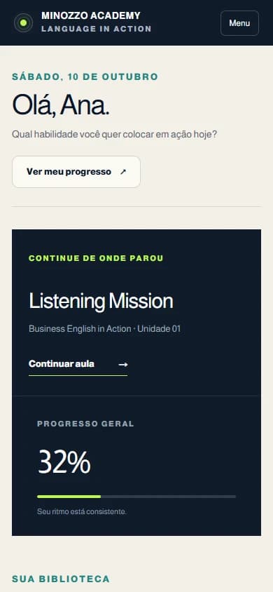 Captura da área do aluno na web responsiva, com conta e progresso de demonstração