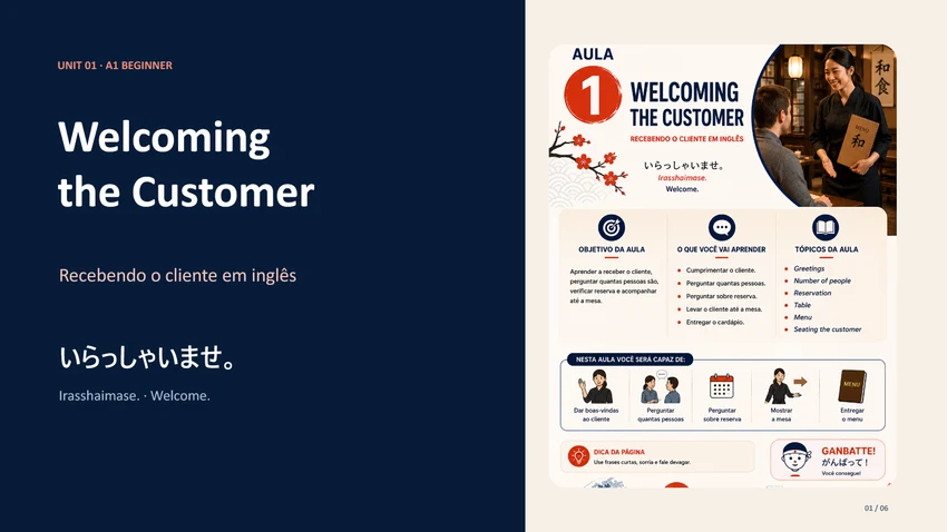 Slide real da Unidade 1: Welcoming the Customer.