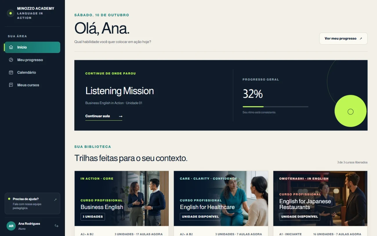 Captura real da área de aprendizagem, com biblioteca de Business English, Inglês Médico e Inglês para Restaurantes Japoneses; conta demonstrativa.