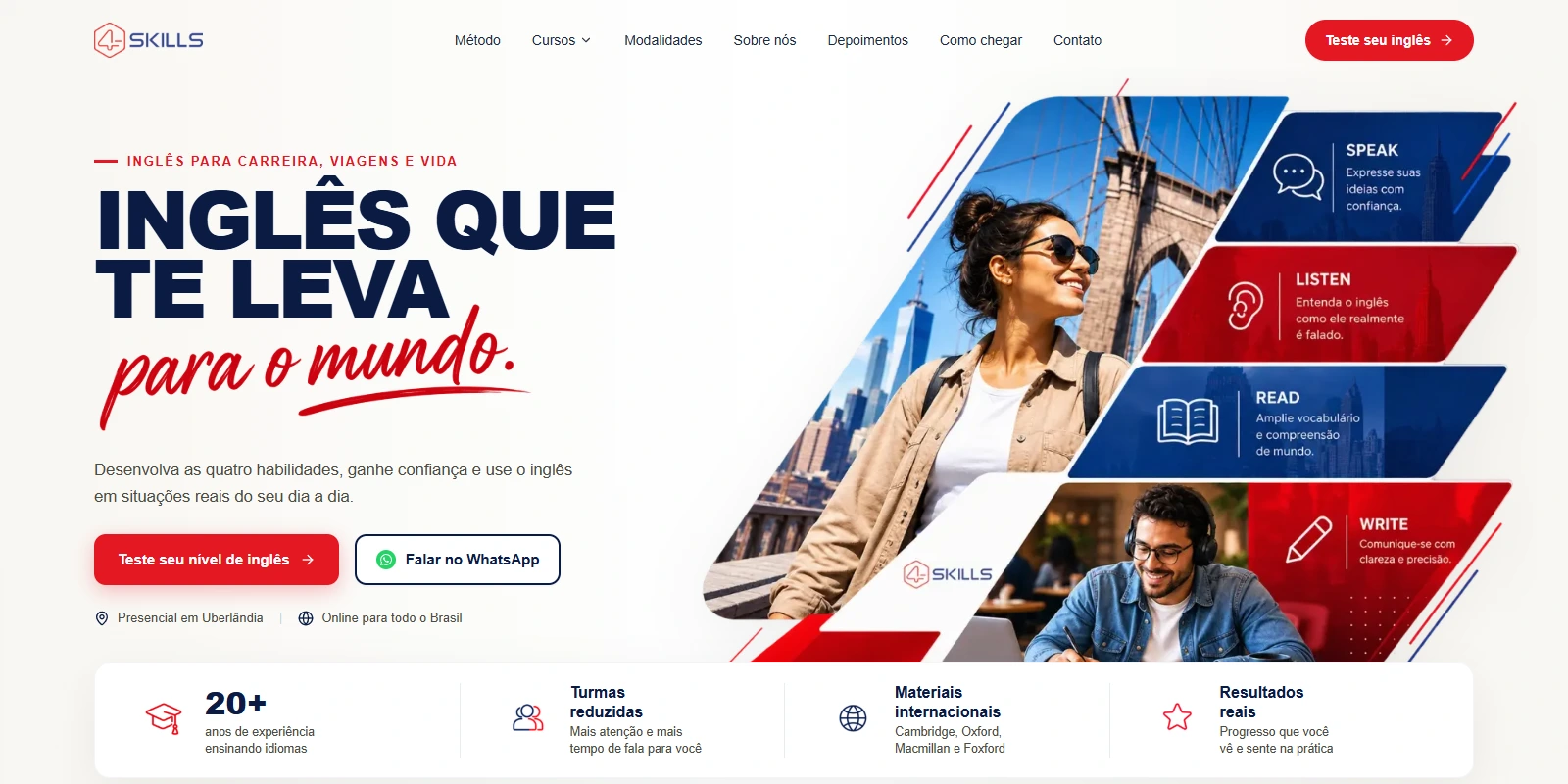 Site real da 4 Skills Idiomas, com identidade azul, vermelha e branca e a chamada Inglês que te leva para o mundo.